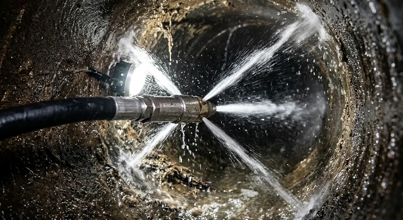 High-pressure hydro jetting nozzle cleaning sewer pipe for Emergency Drain Service in Dacula