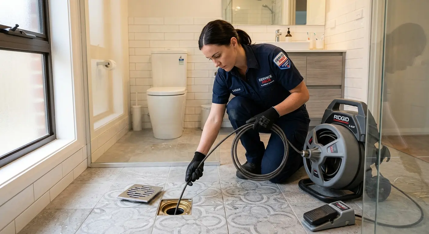 Technician clearing a bathroom floor drain for Drain Cleaning in Dacula